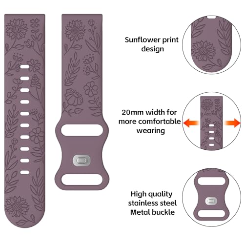 20mm Silicone Watch Band for Smartwatches - Sunflower Pattern, Smoke Purple