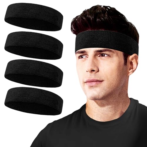 Sport Headbands for Men & Women - 4 Pack Black Cotton Sweatbands