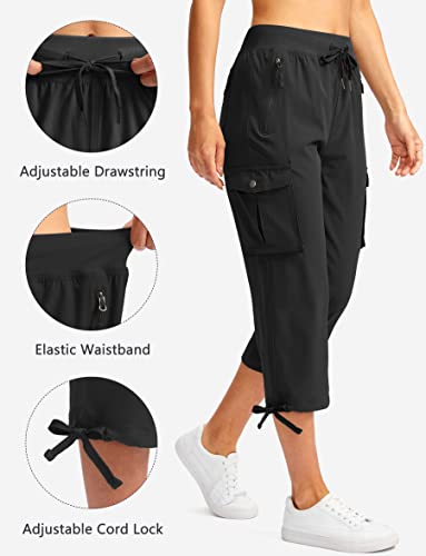 Lightweight Women's Cargo Capris Pants - 6 Pockets, Quick Dry, Large Black