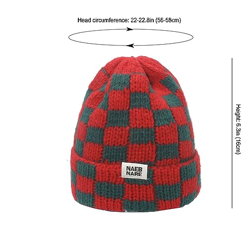 Checkerboard Knit Beanie Hat for Women - Stretch Winter Cap - Green