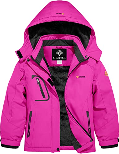 GEMYSE Girl's Waterproof Ski Snow Jacket with Fleece & Hood - Rose Red, Size 10-12