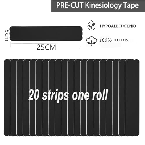 Precut Kinesiology Athletic Tape - Waterproof Sports Support - Black, 20 Strips