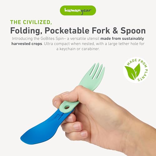 Humangear GoBites Bio Spin Folding Spork - Compact Eco-Friendly Travel & Camping Utensil with Carabiner, Dark Blue/Mint Green