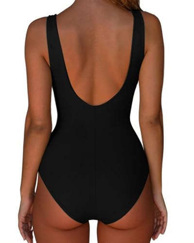 Women’s Large Black One-Piece Ruched Swimsuit Tummy Control Backless Bathing Suit