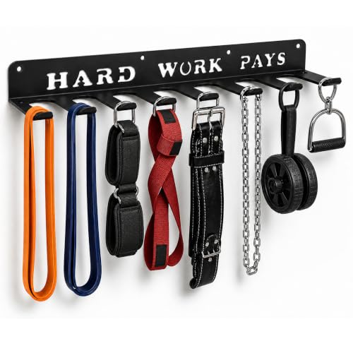 Home Gym Wall Storage Rack with 8 Hooks for Barbells & Resistance Bands - Hard Work Pays