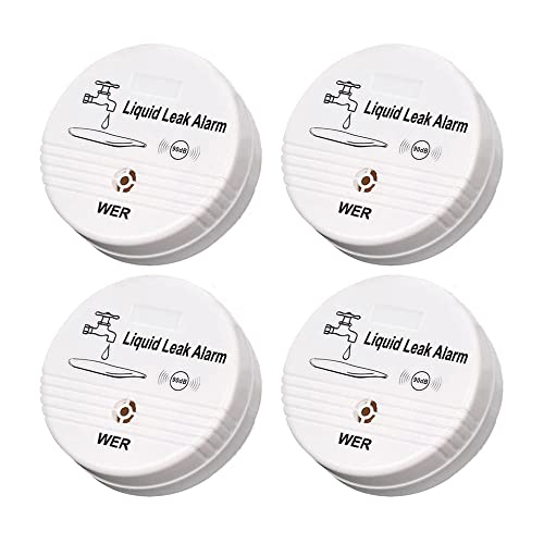 WER Water Leak Alarm Sensor, Battery Operated Leak Alert, 90dB Water Detector for Basements, Bathrooms, Laundry Rooms, Kitchens, Garages and All Office Areas (Shipped Without Battery, 4 Pack)