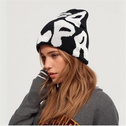 Y2K Beanie Hat - Acrylic Knit Skull Cap with MEA Culpa Design - Gray & White