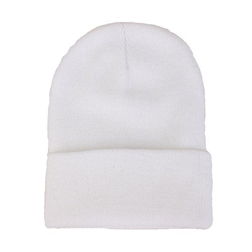 Unisex Cuffed Knit Beanie Hat - Soft Acrylic Winter Skull Cap - White