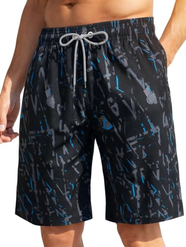 Men's Quick Dry Swim Trunks with Pockets - 9 Inch Inseam - Black Graffiti