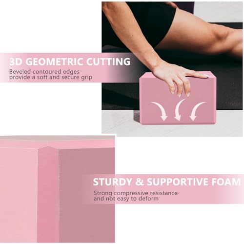 Yoga Blocks - 9"x6"x3" Pink Premium Foam, Non-Slip, Lightweight