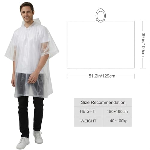 Reusable Rain Ponchos for Adults - 2 Pcs Emergency Coats with Hood - White