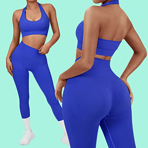 Seamless Halter Sports Bra - Open Back Padded Crop Top - Large Royal Blue