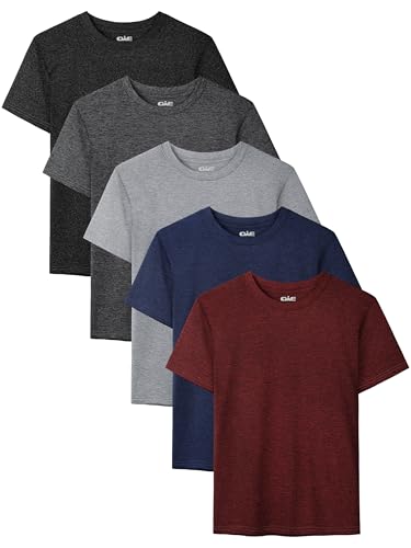 Boys Athletic Dry Fit T-Shirts - 5 Pack, 12-14 Years, Black, Mottled Red, Dark Gray