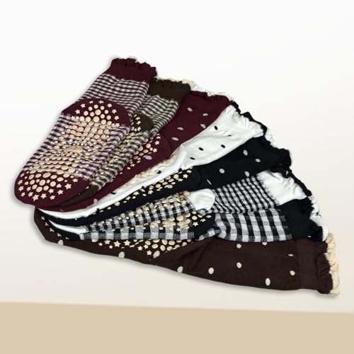 Non-Slip Polka Dot Yoga Socks for Women - Ruffle Crew Style, One Size / Black Dots & Grids