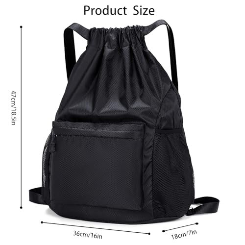Drawstring Backpack Gym Bag - Large Capacity, Waterproof, Black