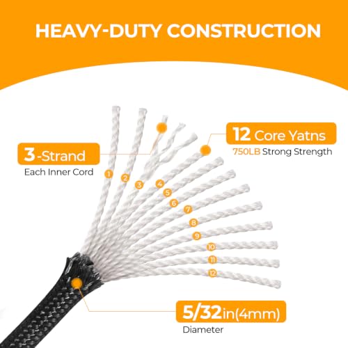 Heavy Duty Paracord Rope 750lb 4mm 12-Strand - Black, 100FT