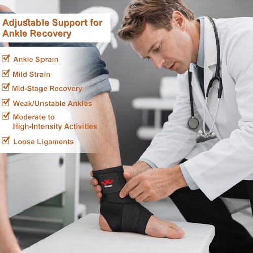 Vinaco Black Ankle Support Brace 2 Pack, Adjustable Compression for Sprained Ankles, Men & Women, Medium