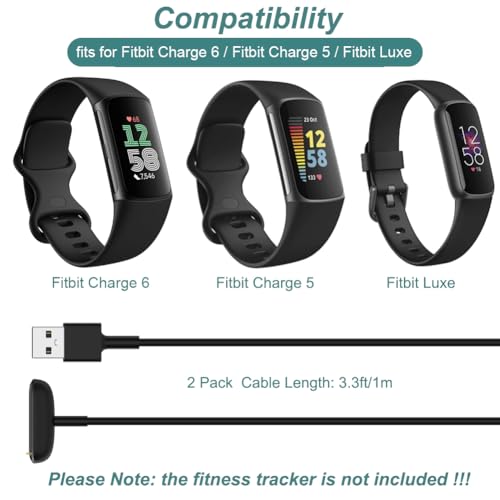 Kissmart 2-Pack USB Charging Cables for Fitbit Charge 5/6 & Luxe, 3.3ft