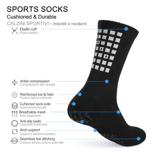 Anti-Slip Grip Soccer Socks - Cushioned Sports Sock, Black - 4 Pairs, Medium