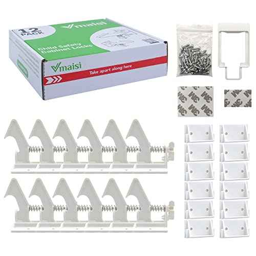 Vmaisi 12 Pack Cabinet Locks Child Safety Latches - Baby Proofing Cabinets Drawer Lock with Adhesive Easy Installation - No Drilling or Extra Screws (White)