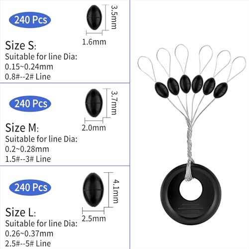 Fishing Bobber Beads Stoppers - 240 Pieces, Black S/M/L