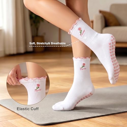 Non-Slip Pilates Grip Socks for Women - 2-Pack White Powder Flower & Pink Flower