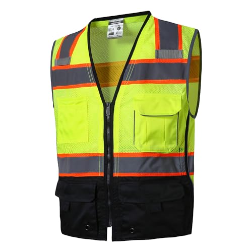 SKSAFETY 10 Pockets Hi Vis Safety Vest with Reflective Strips, ANSI/ISEA Standard, Class 2 High Vis Security Vest (Lime Black, M)