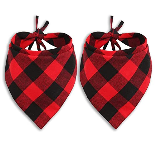 2 Pack Buffalo Plaid Dog Bandanas - Red Checkered Cotton Bib - Large