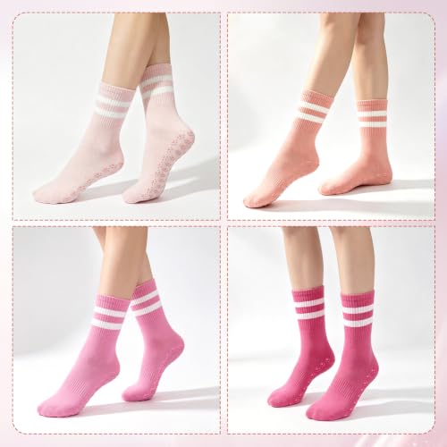 Non-Slip Pilates Socks with Grip - 4 Pairs, Stripe Colors