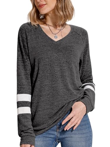 V-Neck Long Sleeve Sweatshirt - Women's Fall Fashion - L-Gray, X-Large