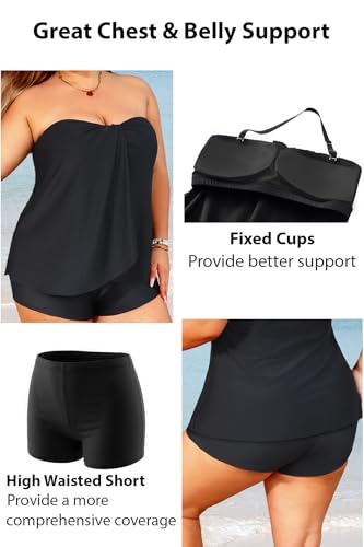 Plus Size Bandeau Tankini 2-Piece Halter Swimsuit with Shorts - Black (Size 22 Plus)