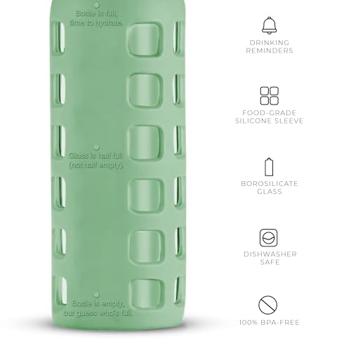 Purifyou 12oz Shale Green Borosilicate Glass Water Bottle with Time & Volume Markers, Silicone Sleeve, Stainless Steel Lid