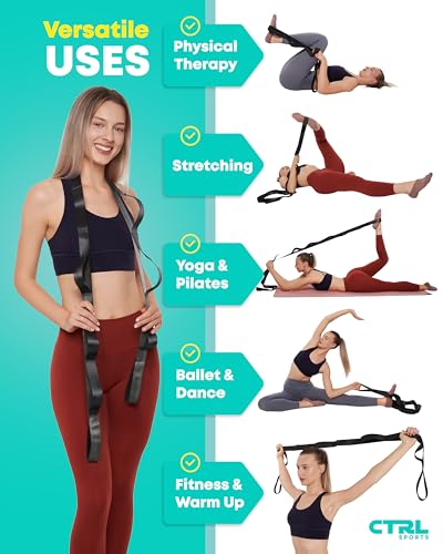 Non-Elastic Yoga Strap with 10 Loops - Stretching Band for Flexibility - Black