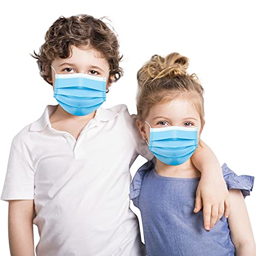 50 Pack Blue Kids Disposable Face Mask, Solid Blue 3-Ply Breathabel Full Face Protection with Elastic Ear Loop