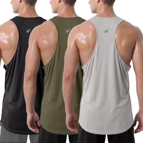 XX-Large Men’s Breathable Mesh Tank Top Y-Back Workout Shirt - Black/Light Grey/Army Green