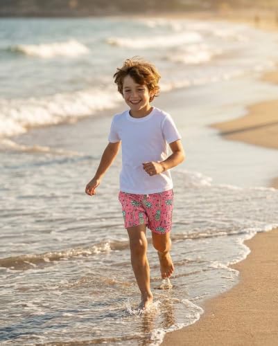 Century Star Boys Swim Trunks with Compression Liner - Pink Pineapple, 12-14 Years, Quick Dry Swim Shorts for Kids