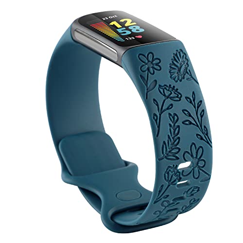 Flower Engraved Fitbit Charge 5/6 Band - Blue