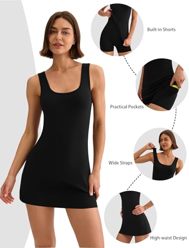 DLOODA Women's Athletic Mini Tennis Dress with Built-in Shorts & Pockets - Small Black