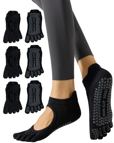 Yawlsow 3 Pairs Women Toe Socks with Grips, Non-Slip Yoga & Pilates Socks, One Size, Black (Set of 3)
