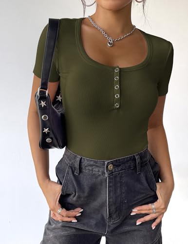 Summer Tops for Women - Short Sleeve Ribbed Knit Tee - Army Green, Medium