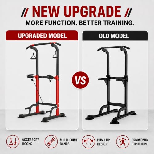 Adjustable Power Tower Pull Up Dip Station - Red, 330lbs Capacity