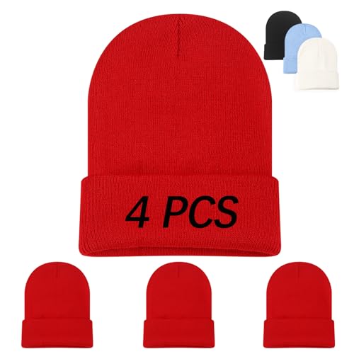 DASSNANE One Size Beanie Hats 4-Pack - Winter Knit Beanie for Men & Women, Red