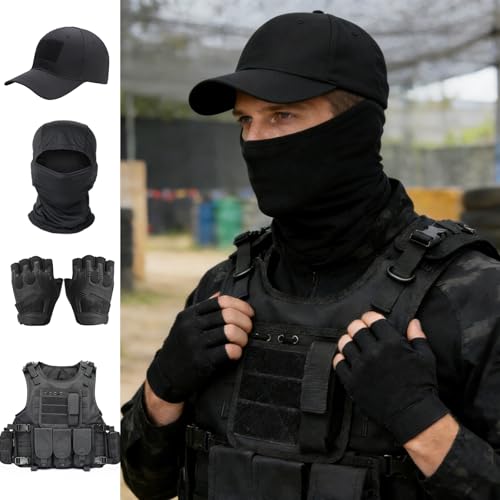 Tactical Airsoft Vest Set with Cap, Gloves, & Balaclava - Black