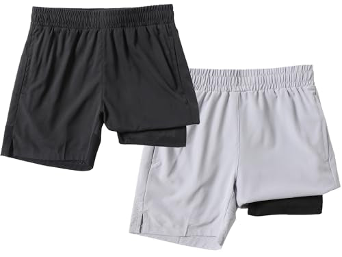 IRELIA Boys Compression Zipper Pocket Shorts - 2 Pack, Black/Light Grey, Size 10-12