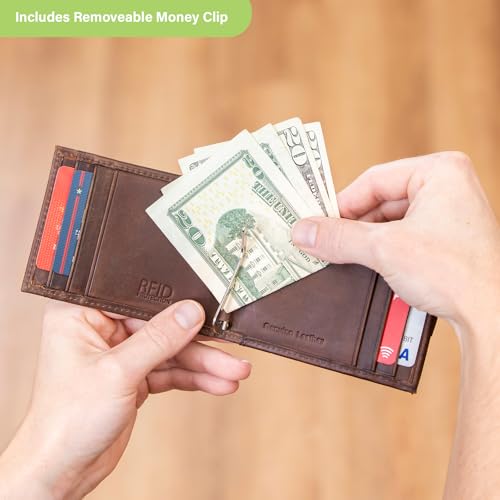 Slim Wallet for Men - Brown RFID Blocking Leather Card Holder with Money Clip - Georgia Tech