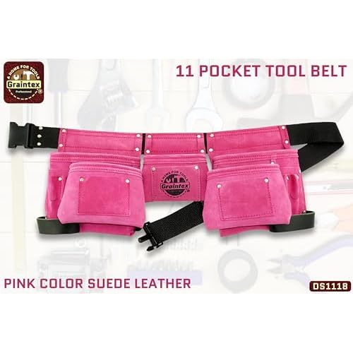 Graintex DS1118 8 Pocket Pink Tool Belt in Suede Leather with 2¡± Webbing Belt, 2 Leather Hammer Holders Loops