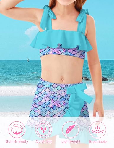 ALISISTER Girls 3-Piece Swimsuit Set with Cover Up & Skirt - Mermaid Blue 5-6Y