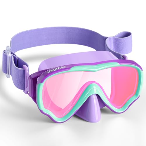 VegoVia Kids Swim Goggles with Nose Cover, Anti-Fog, UV Protection, Purple-Green & Pink Lenses