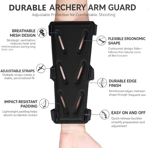 Adjustable Arm Guard for Archery - Lightweight 3-Strap - 7in Black