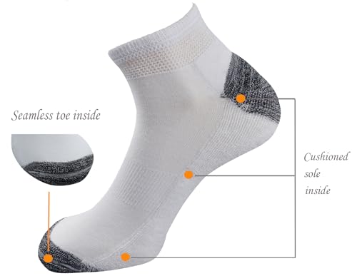 Yomandamor Men's Cotton Diabetic Low Cut Socks 5 Pairs White with Black Heel & Toe, Size 10-13
